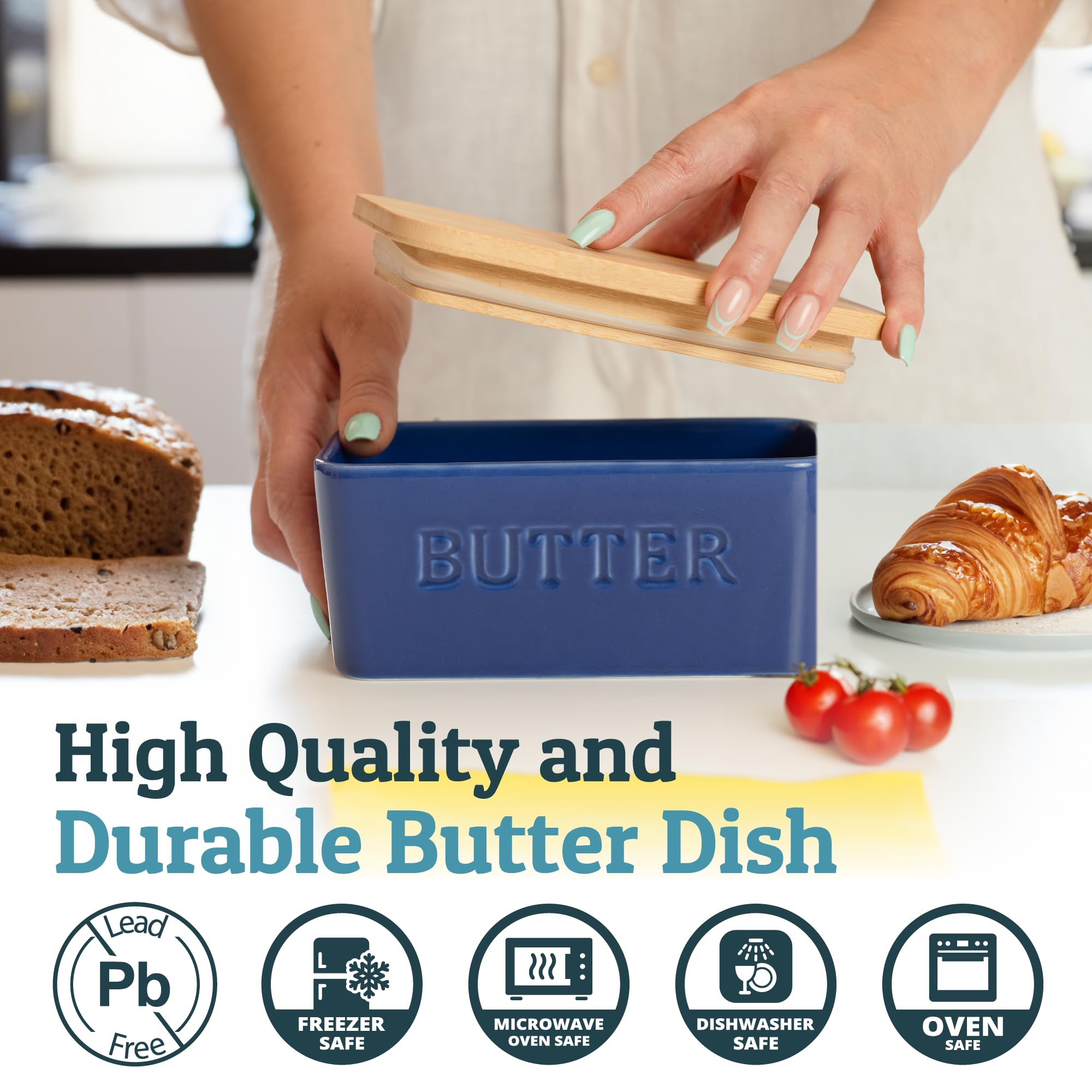 Priority Chef bamboo lid with airtight seal keeps butter fresh on the counter.