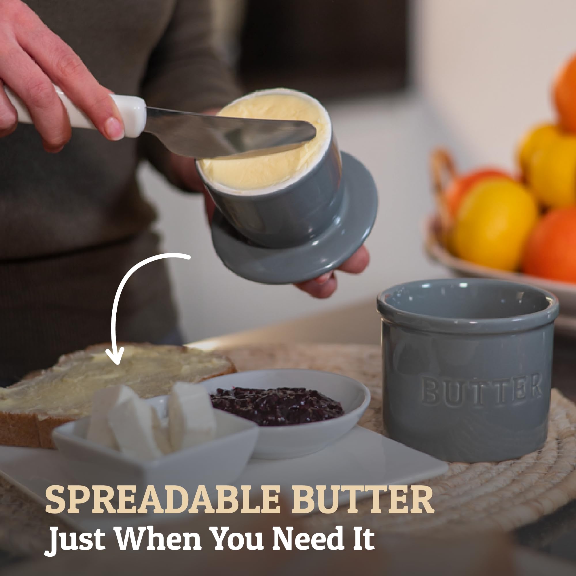 Priority Chef grey glossy ceramic butter crock close up highlighting finish and safety