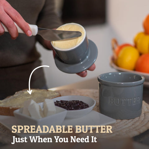 Priority Chef grey glossy ceramic butter crock close up highlighting finish and safety