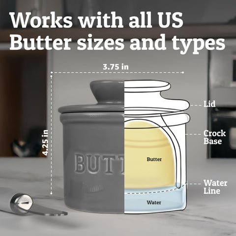 Priority Chef lead free butter crock emphasizing safe kitchenware