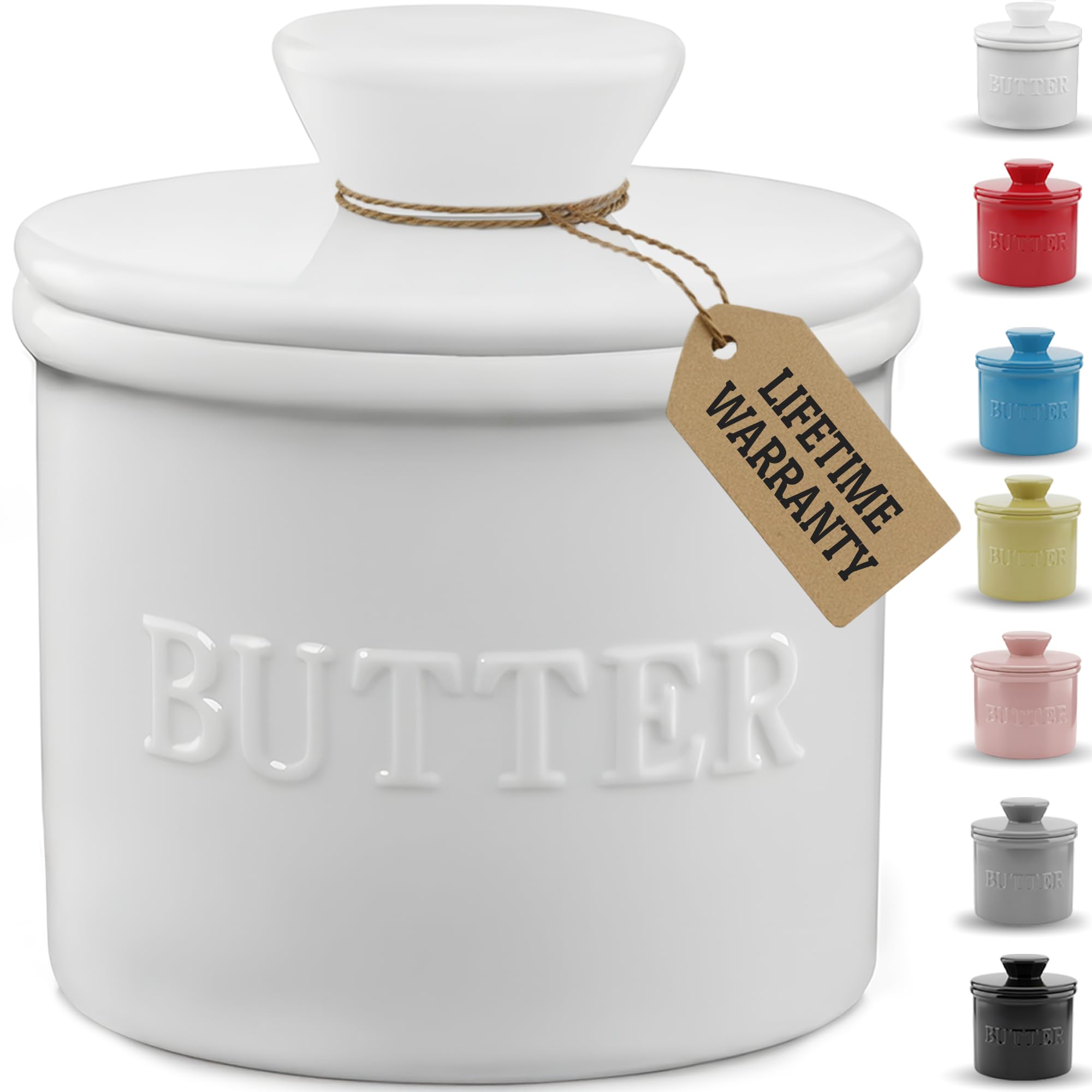 Priority Chef butter crock with lid on counter keeps butter ready to spread.
