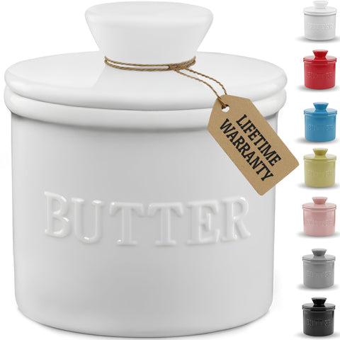 Priority Chef butter crock with lid on counter keeps butter ready to spread.