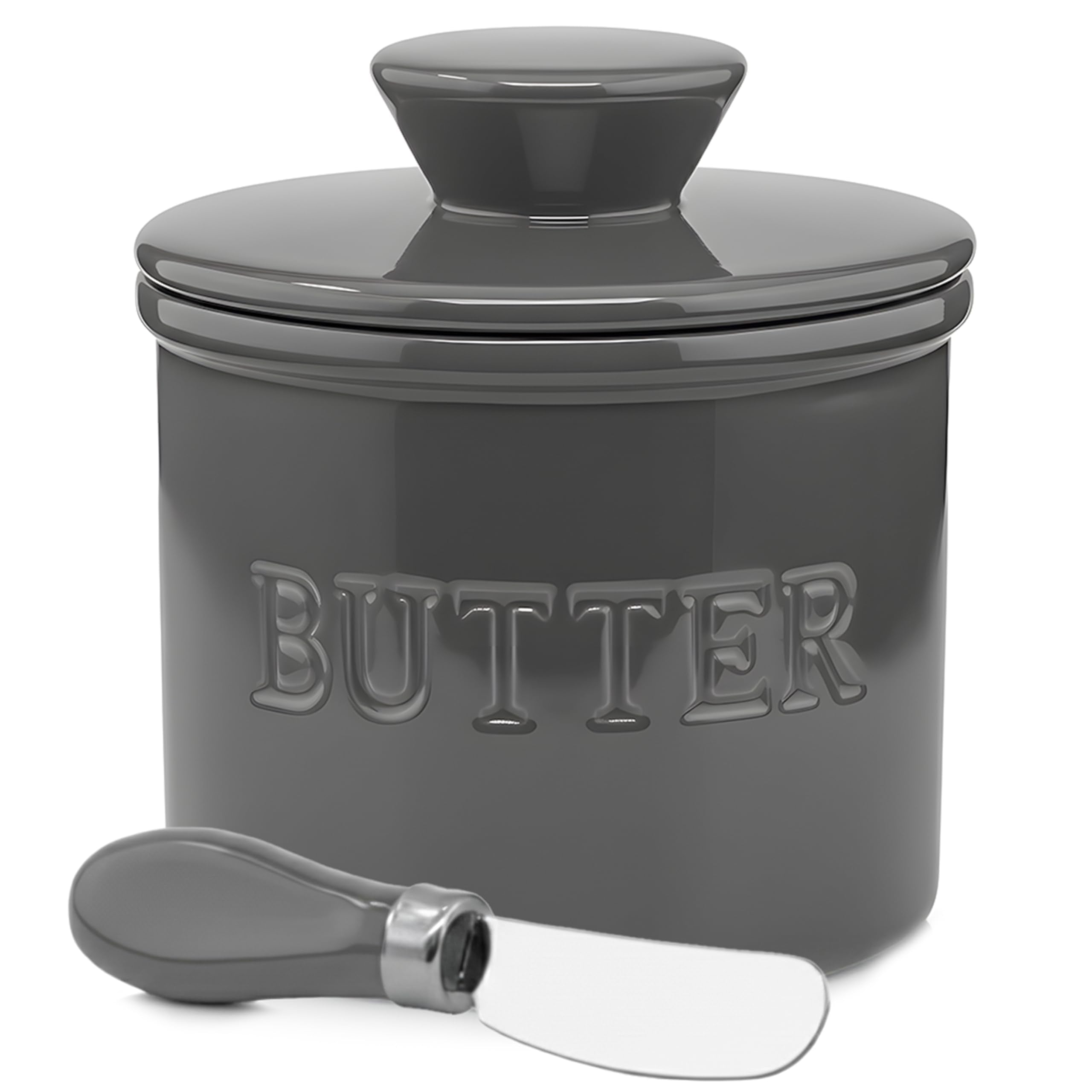 Priority Chef butter crock with lid and water line on counter showing practical design and spill-free use