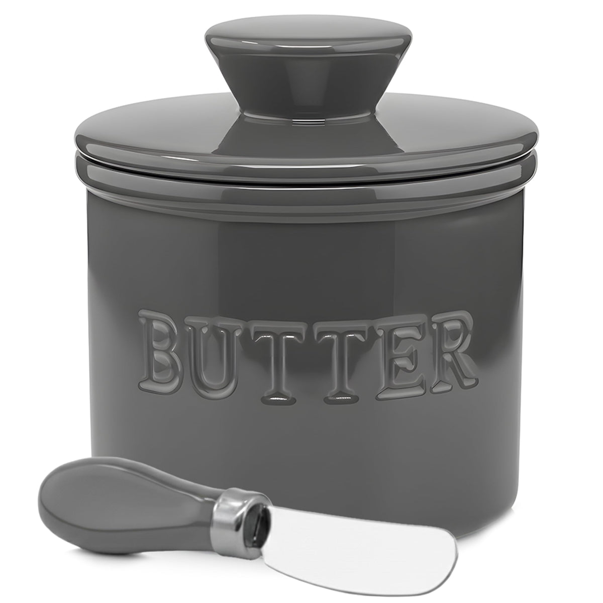 Priority Chef butter crock with lid and water line on counter showing practical design and spill-free use