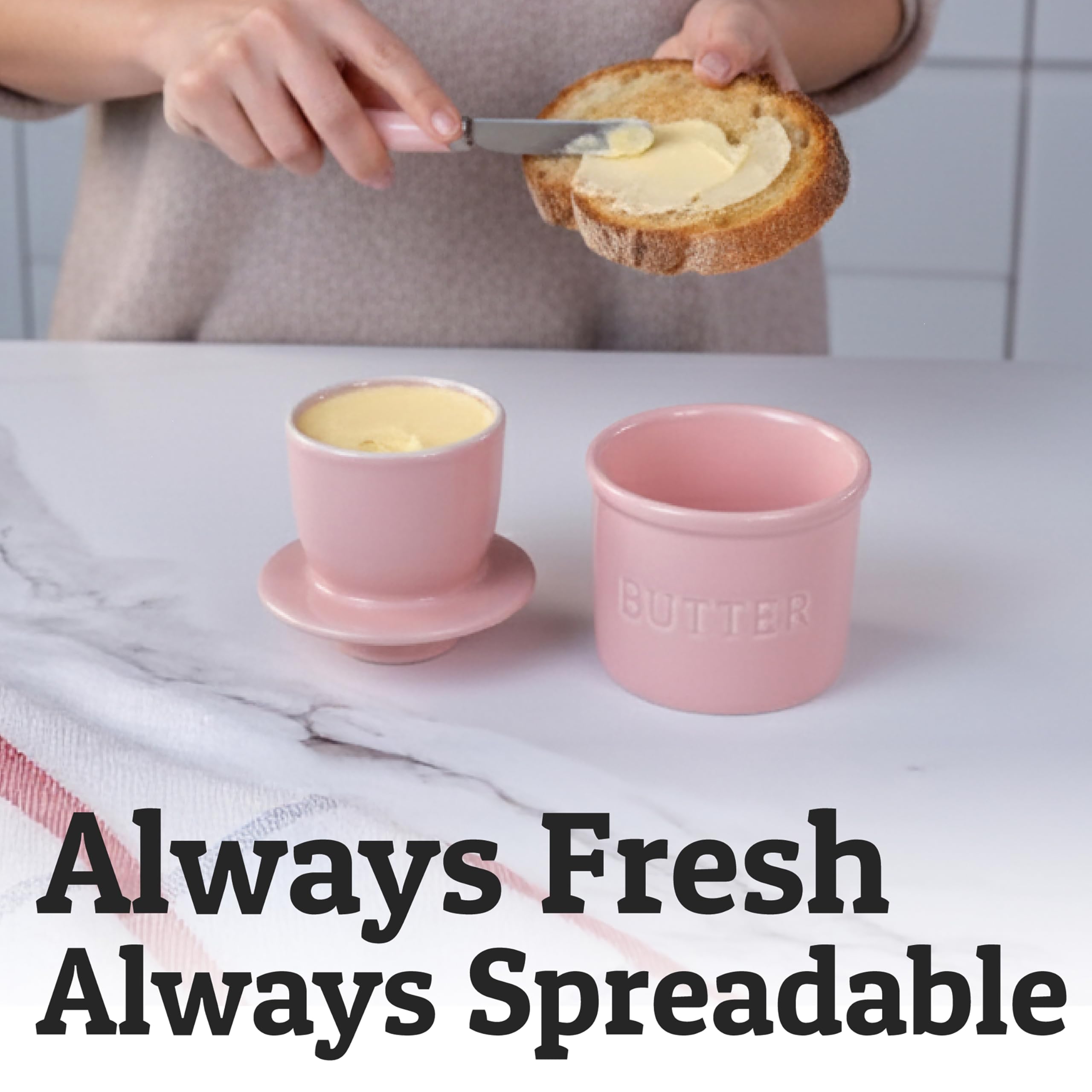 PriorityChef Butter Crock open-top view highlights fresh, spreadable butter for toast