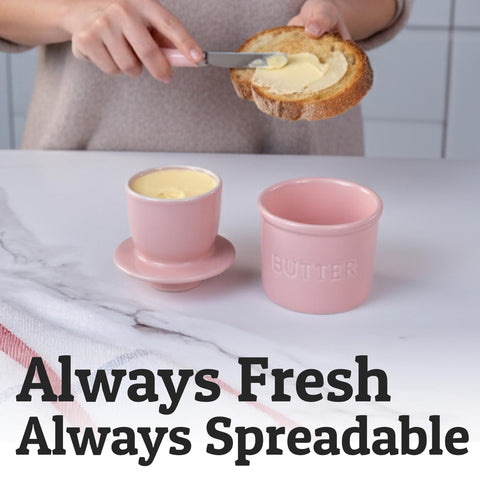 PriorityChef Butter Crock open-top view highlights fresh, spreadable butter for toast