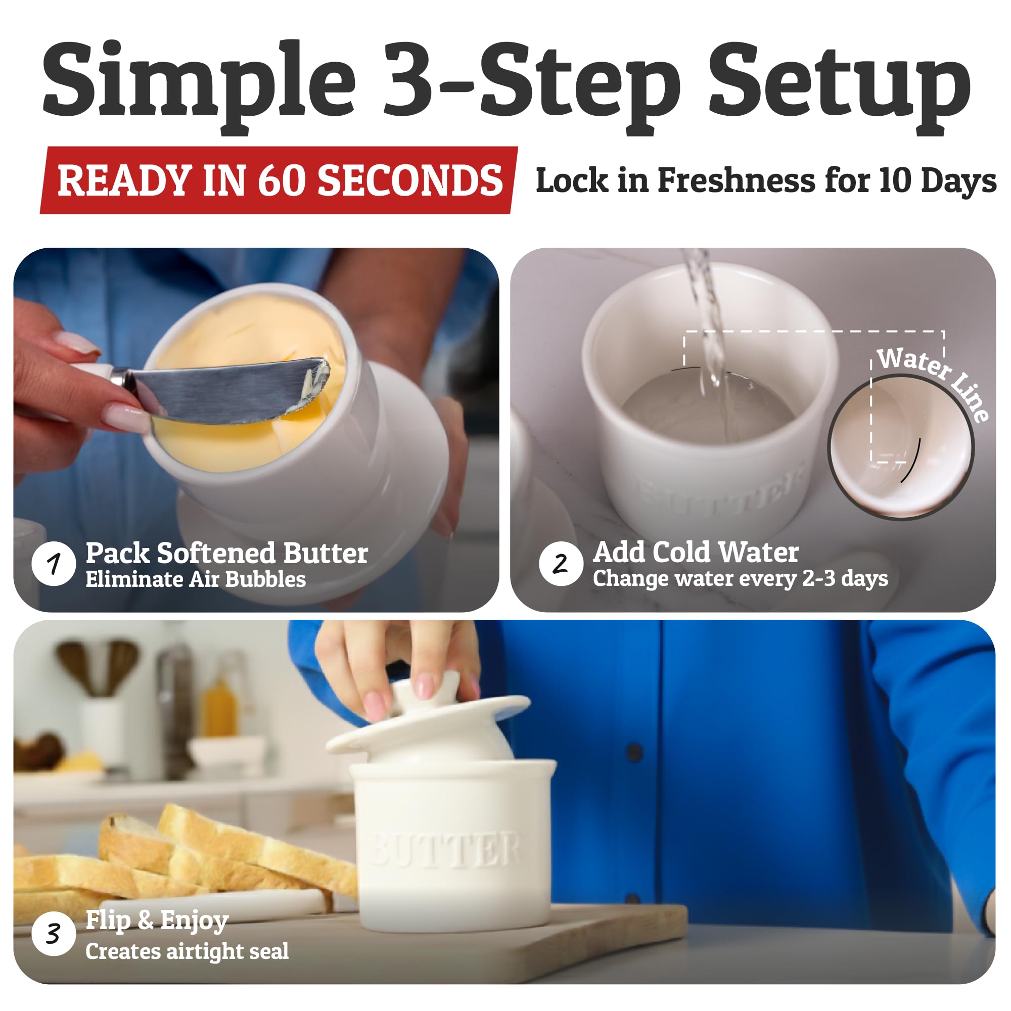 Priority Chef butter crock open top view for easy access to soft butter.