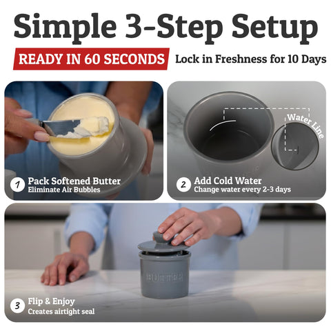 Priority Chef butter crock top open with water seal visible for freshness