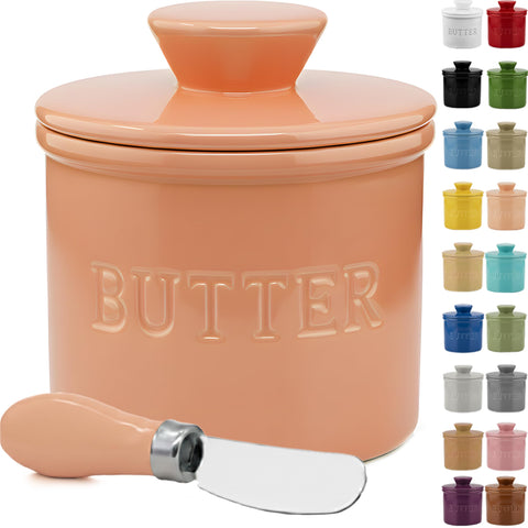 Priority Chef butter crock with lid and water line keeps butter fresh on the counter.