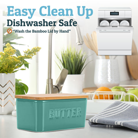 Priority Chef turquoise ceramic butter dish close-up highlights durable material.