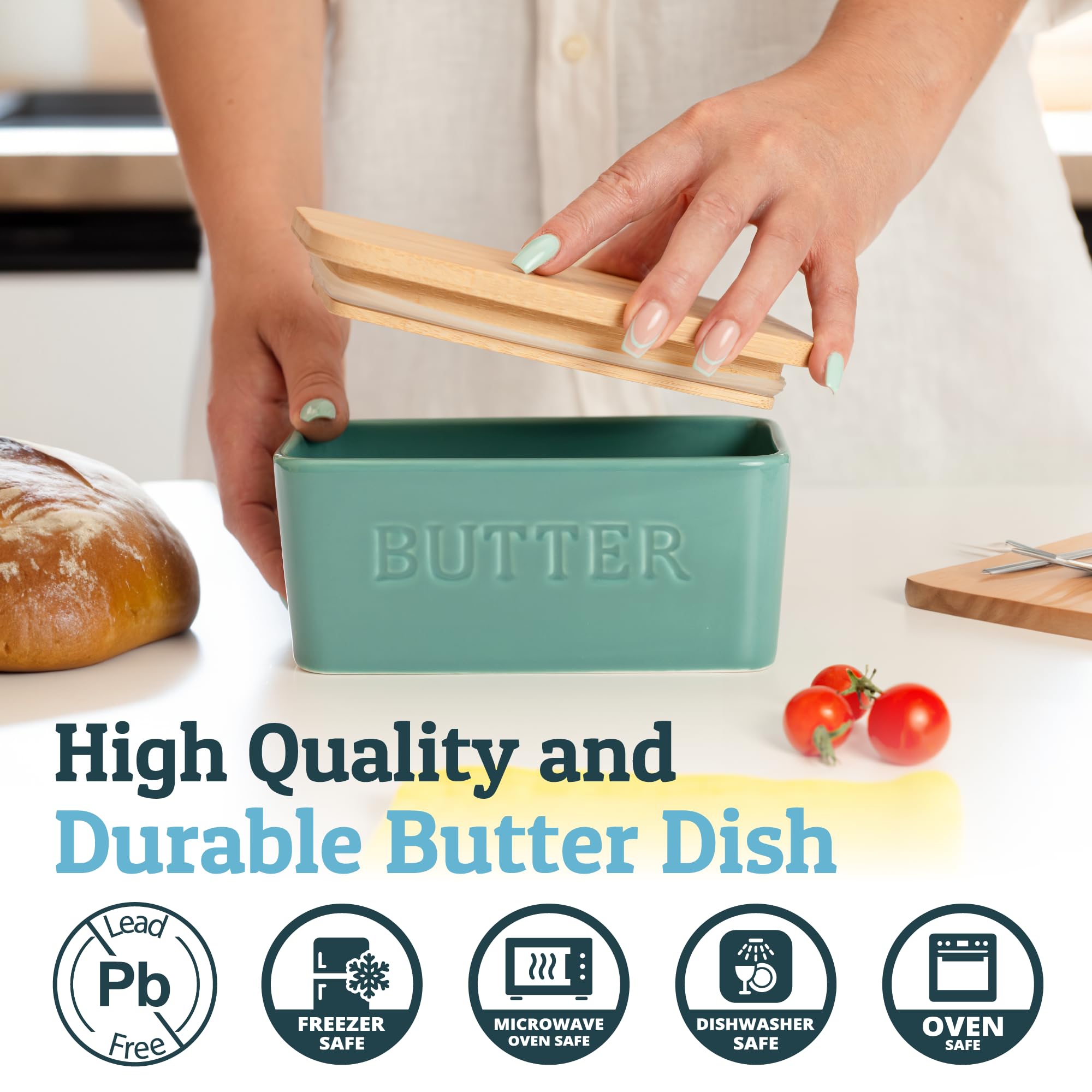 Priority Chef butter dish on countertop demonstrates easy access during mornings.