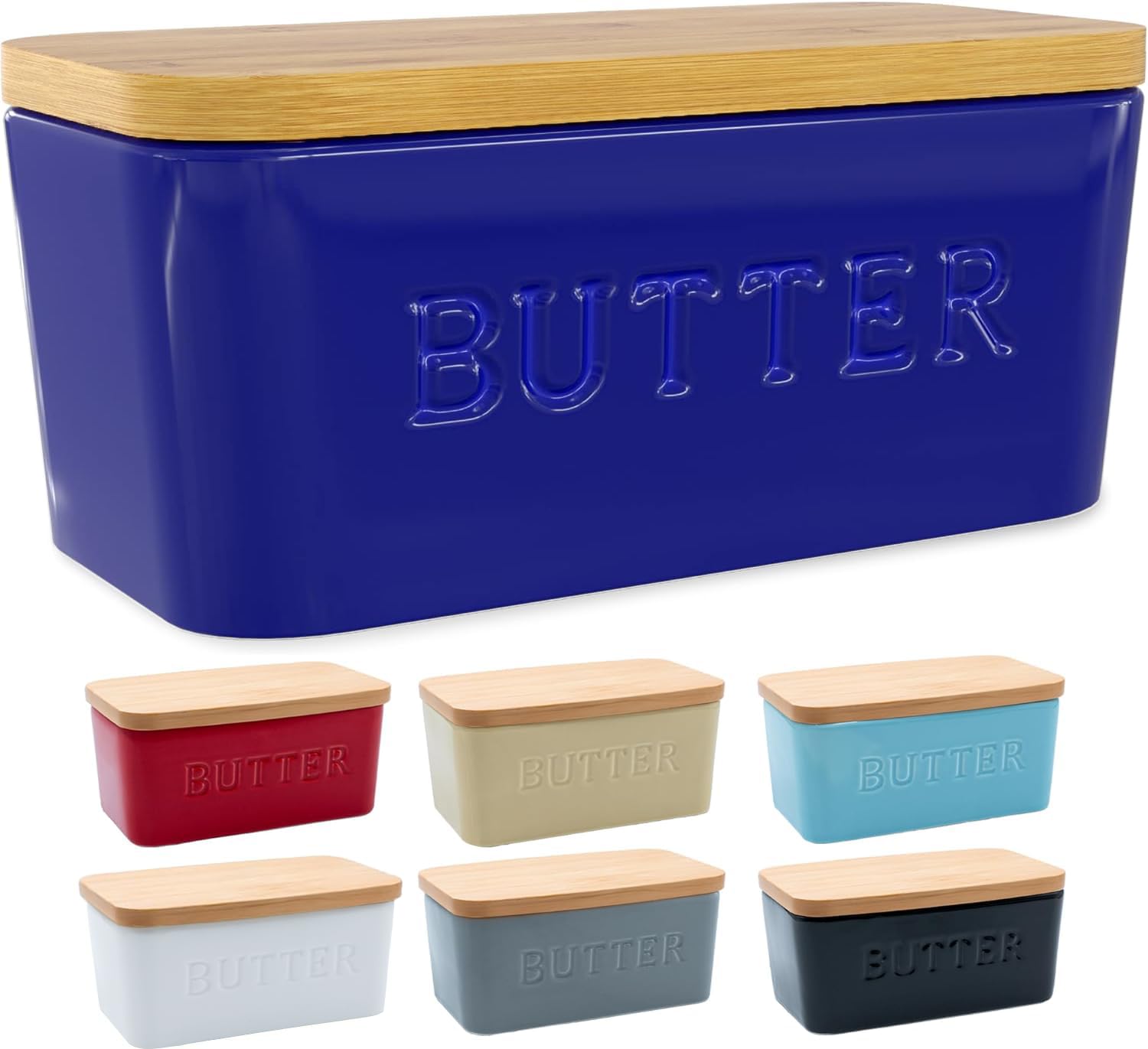 Priority Chef butter dish in dark blue on countertop keeps butter accessible.