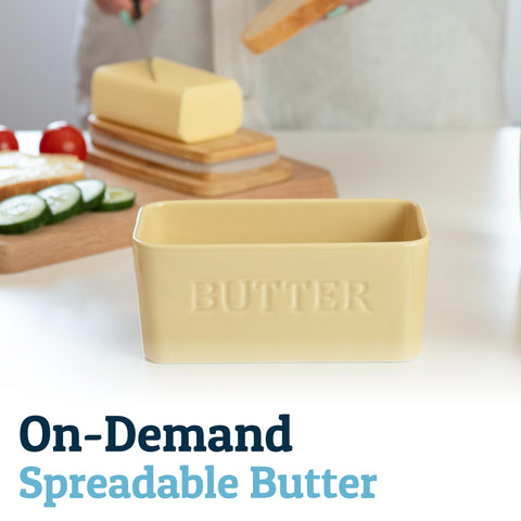 PriorityChef butter dish deep interior prevents sticking for scooping.