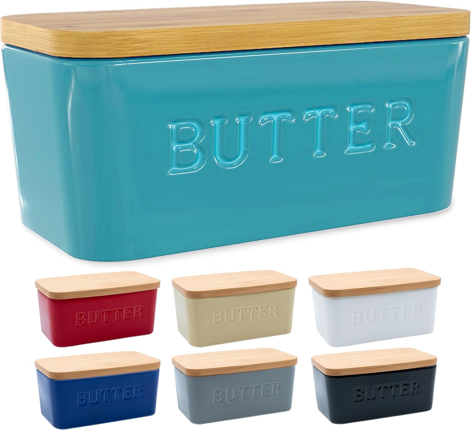 Priority Chef turquoise butter dish full view on countertop, showcasing spacious capacity.