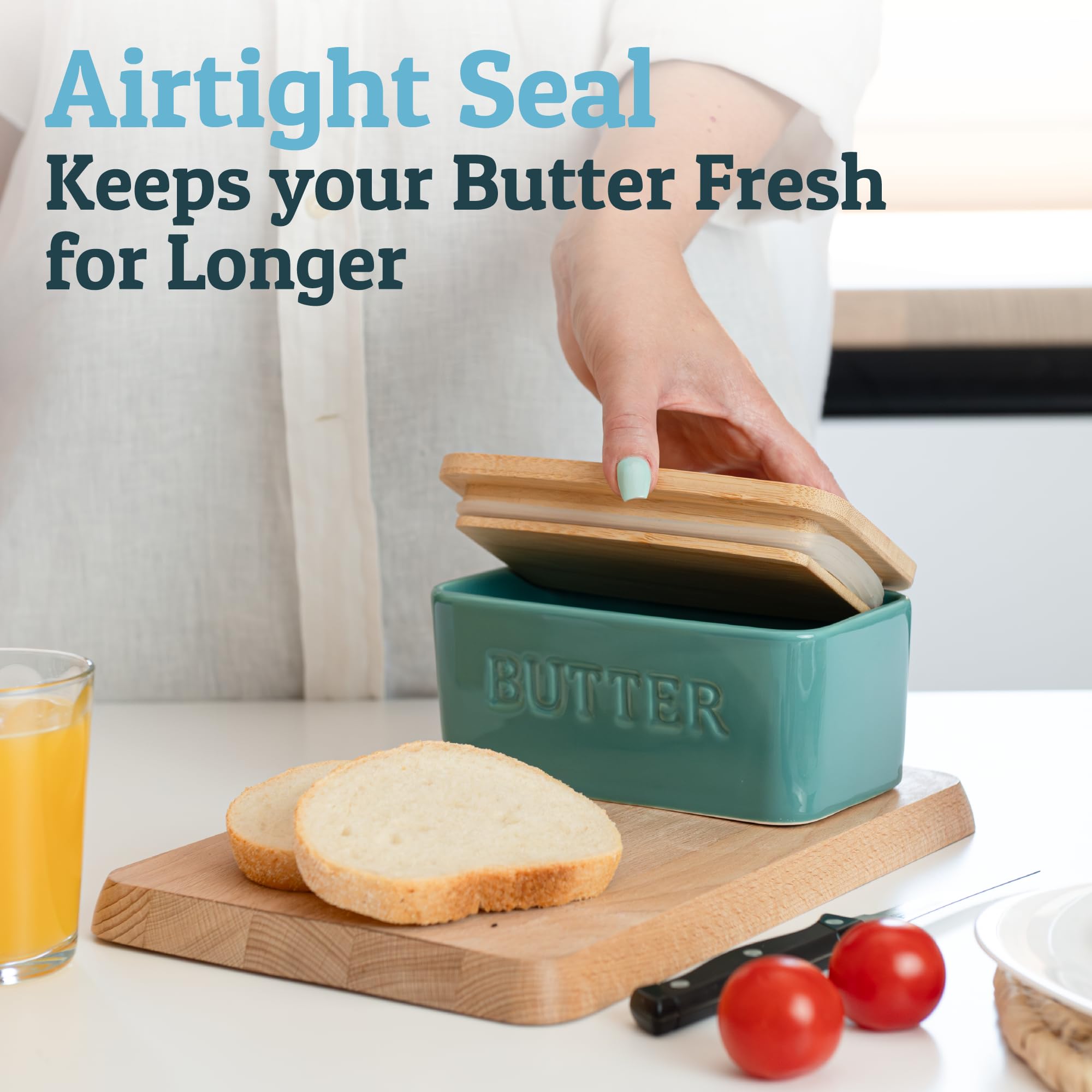 Priority Chef turquoise butter dish with airtight lid preserves freshness and flavor.