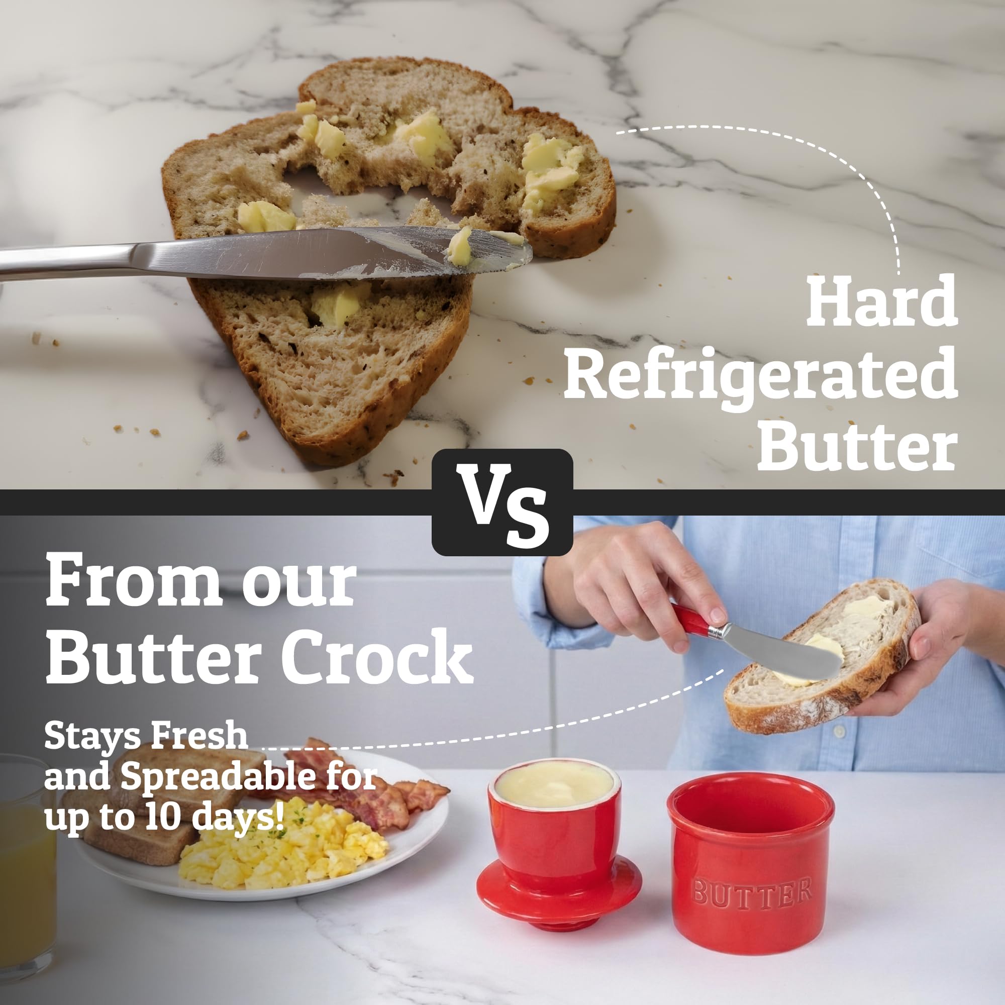 PriorityChef ceramic butter dish on countertop with red glossy finish