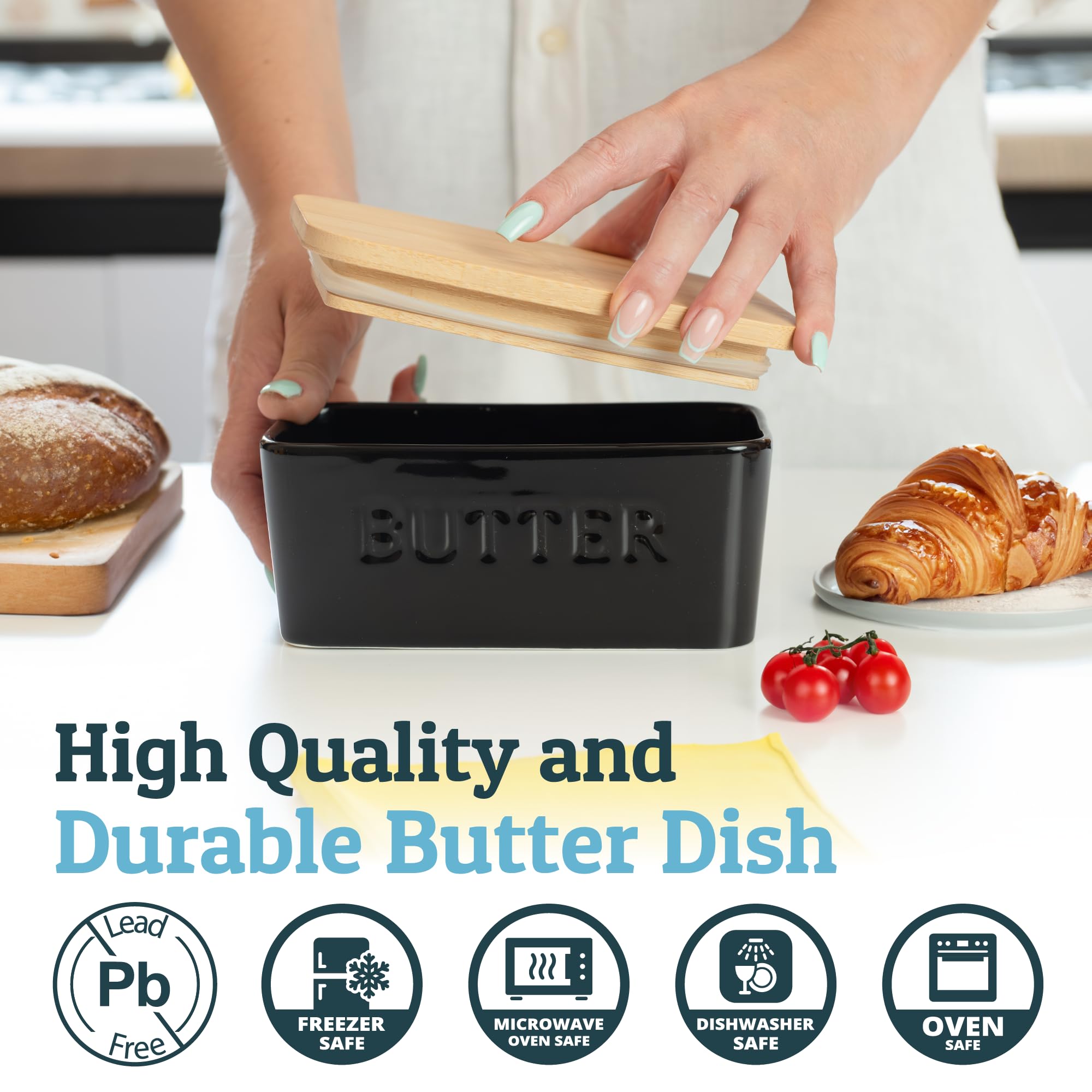 PriorityChef ceramic butter dish with sleek black finish on counter.