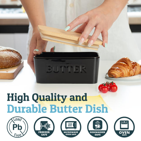 PriorityChef ceramic butter dish with sleek black finish on counter.