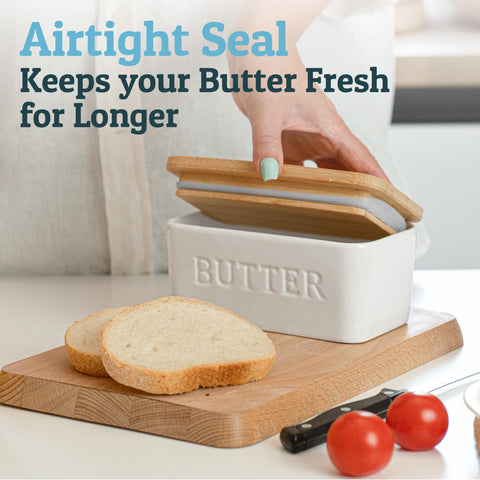 Priority Chef ceramic butter dish in white adds a clean centerpiece while preserving freshness.