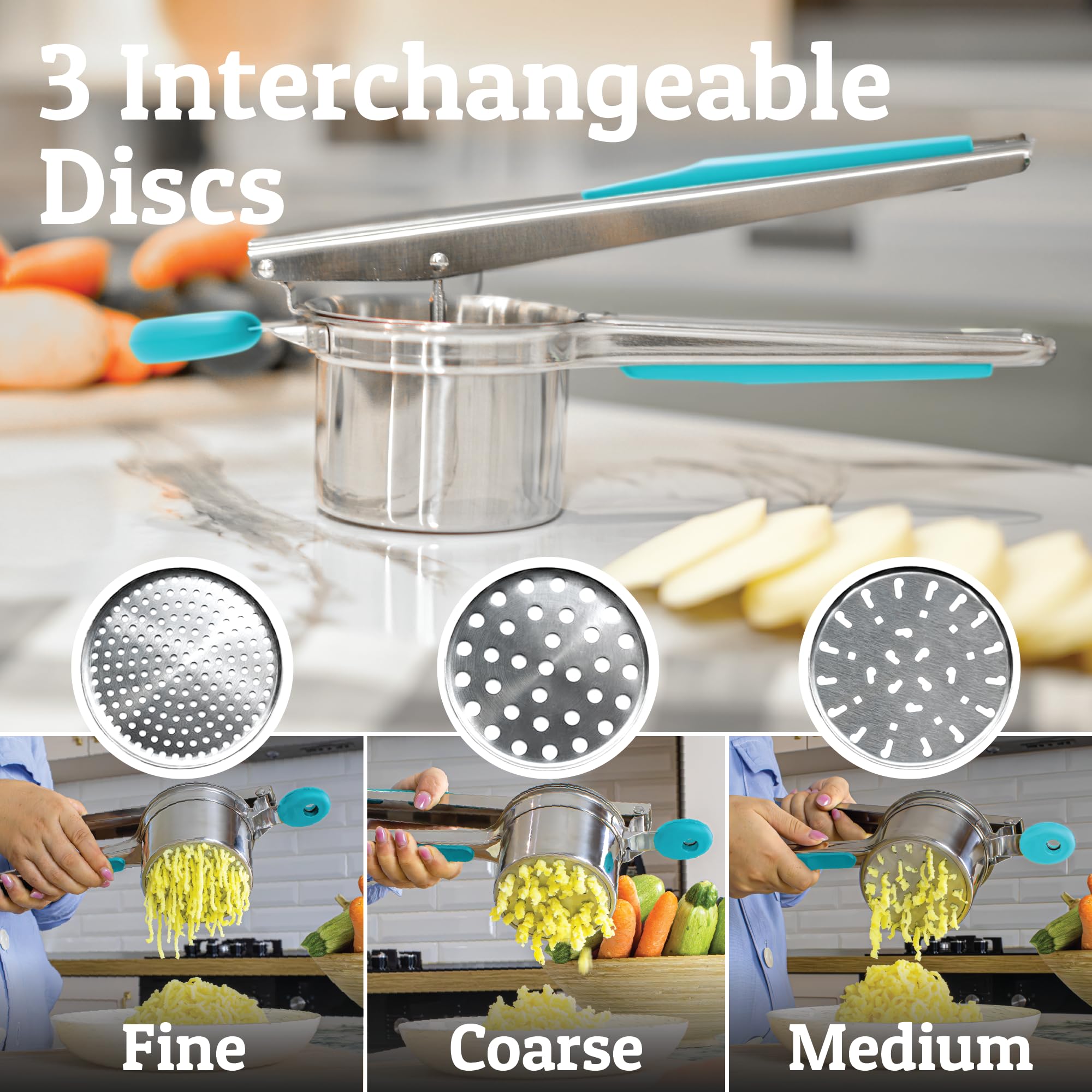 PriorityChef turquoise soft-touch handle provides comfortable, slip-free mashing.