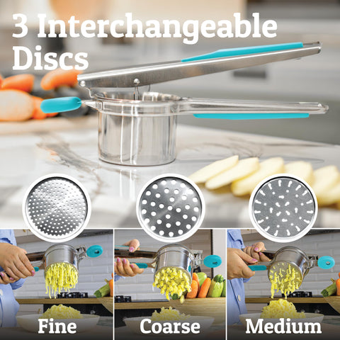 PriorityChef turquoise soft-touch handle provides comfortable, slip-free mashing.
