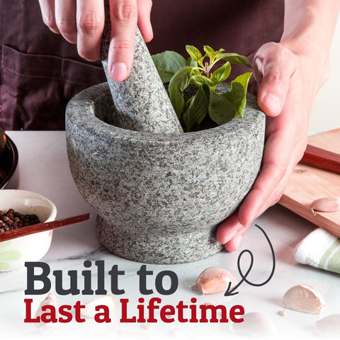 PriorityChef granite mortar and pestle 1.5 cup capacity for small-batch sauces.