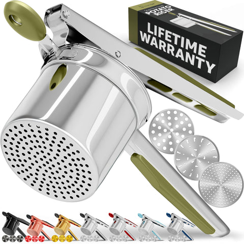 PriorityChef large 15oz potato ricer with discs for customizable mash textures.