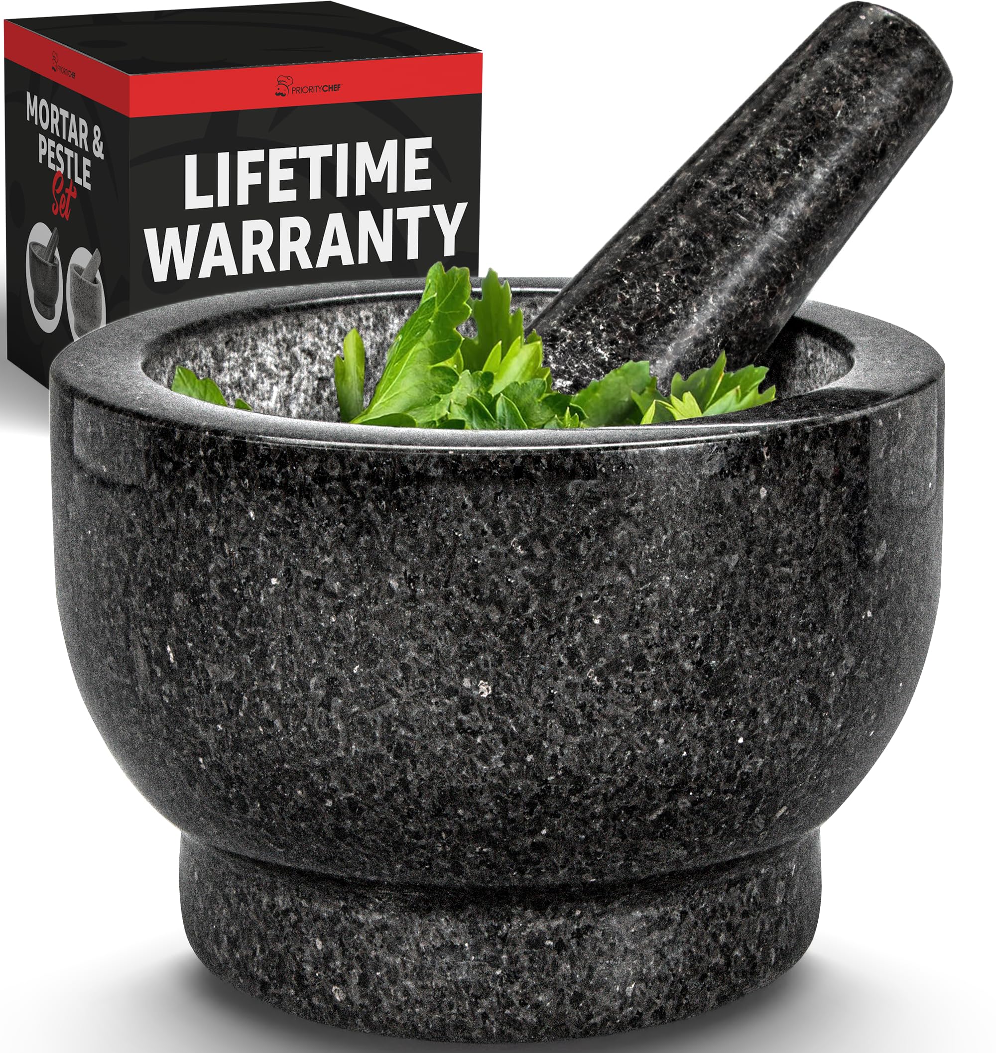 Priority Chef large black granite mortar and pestle for fresh sauces at home.