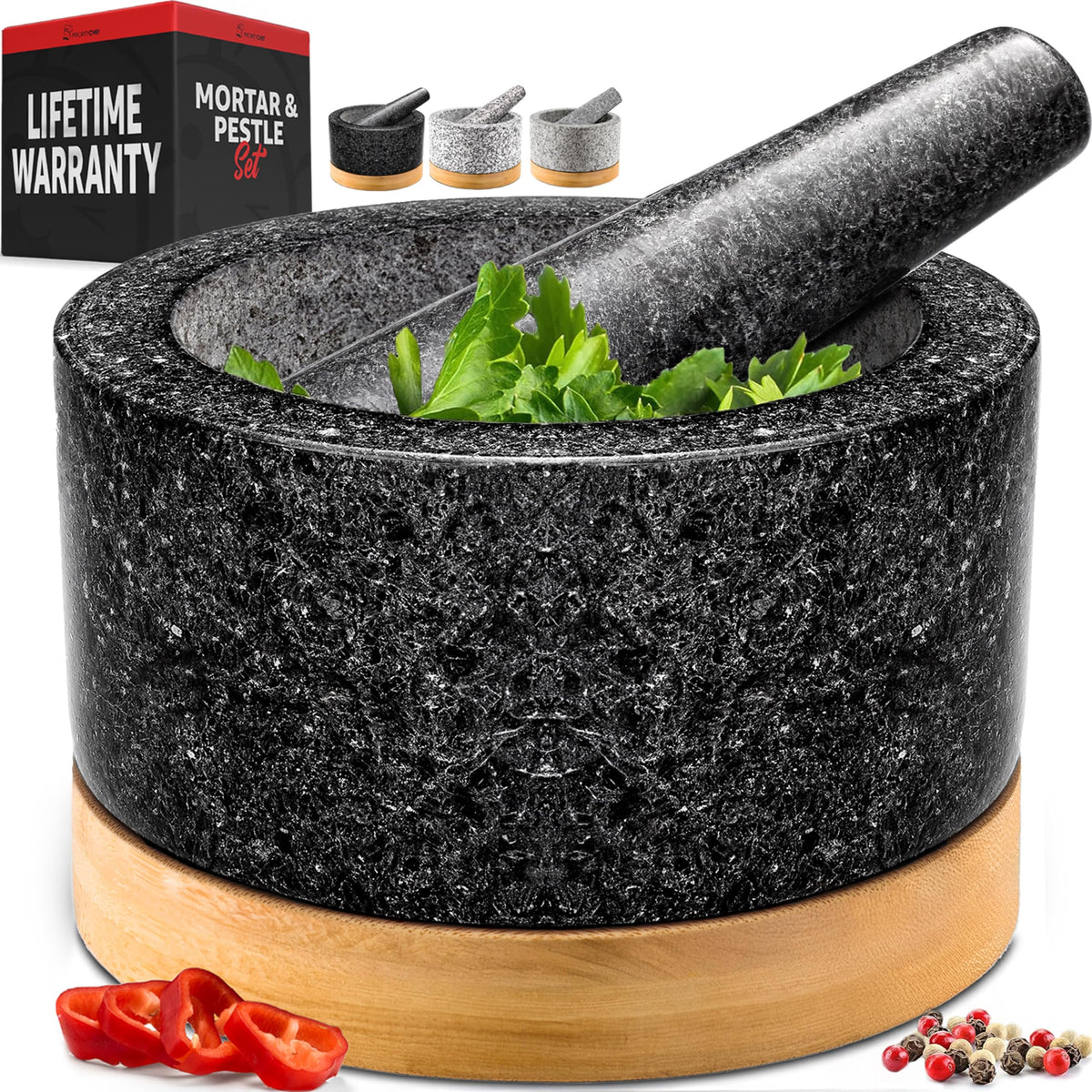 PriorityChef mortar and pestle on bamboo base offering stable grinding for fresh blends
