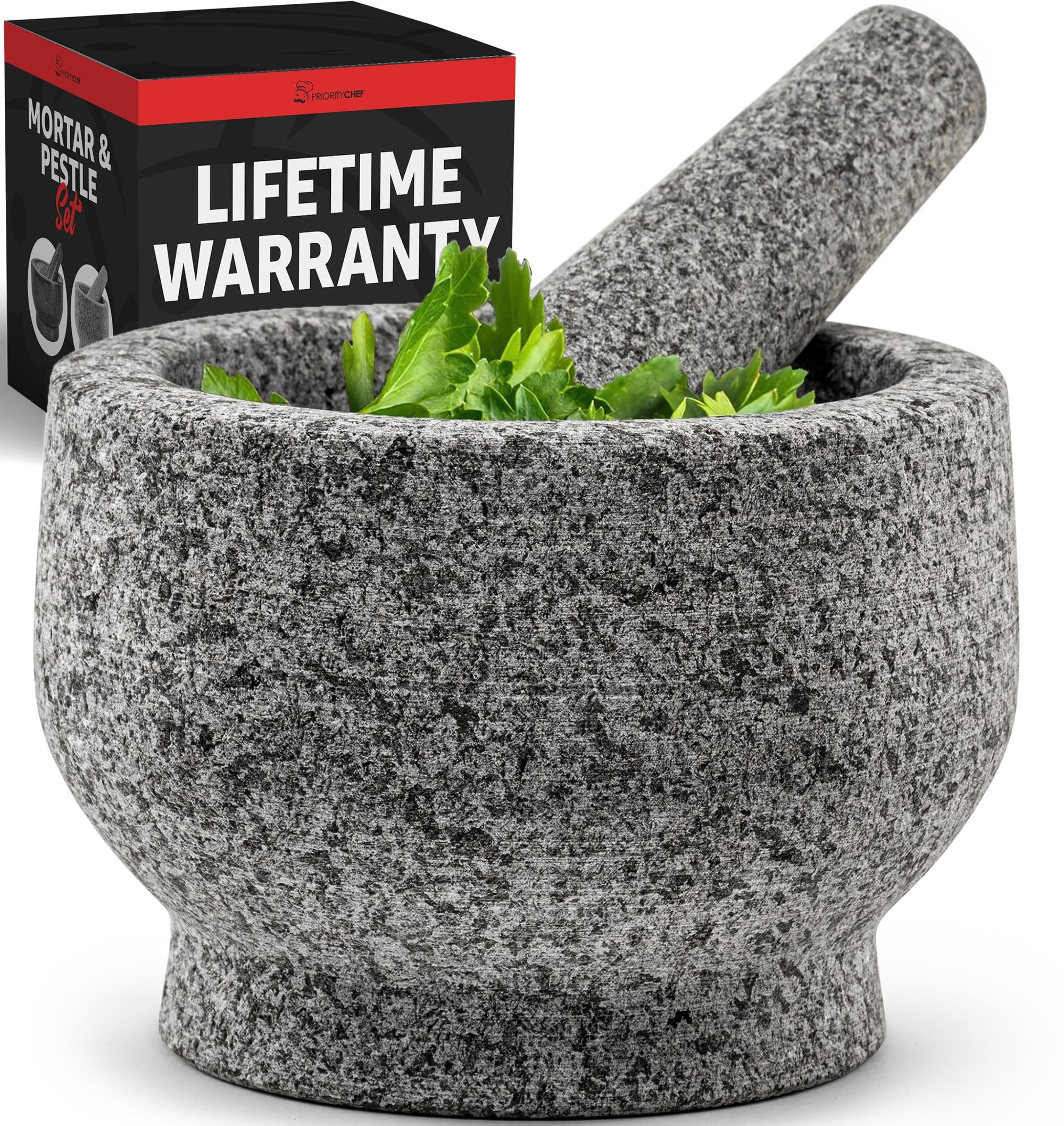 PriorityChef mortar and pestle set in grey granite, ready for fresh spice blends.