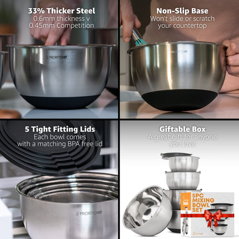 Close-up of Priority Chef bowls with non-slip silicone base for stability