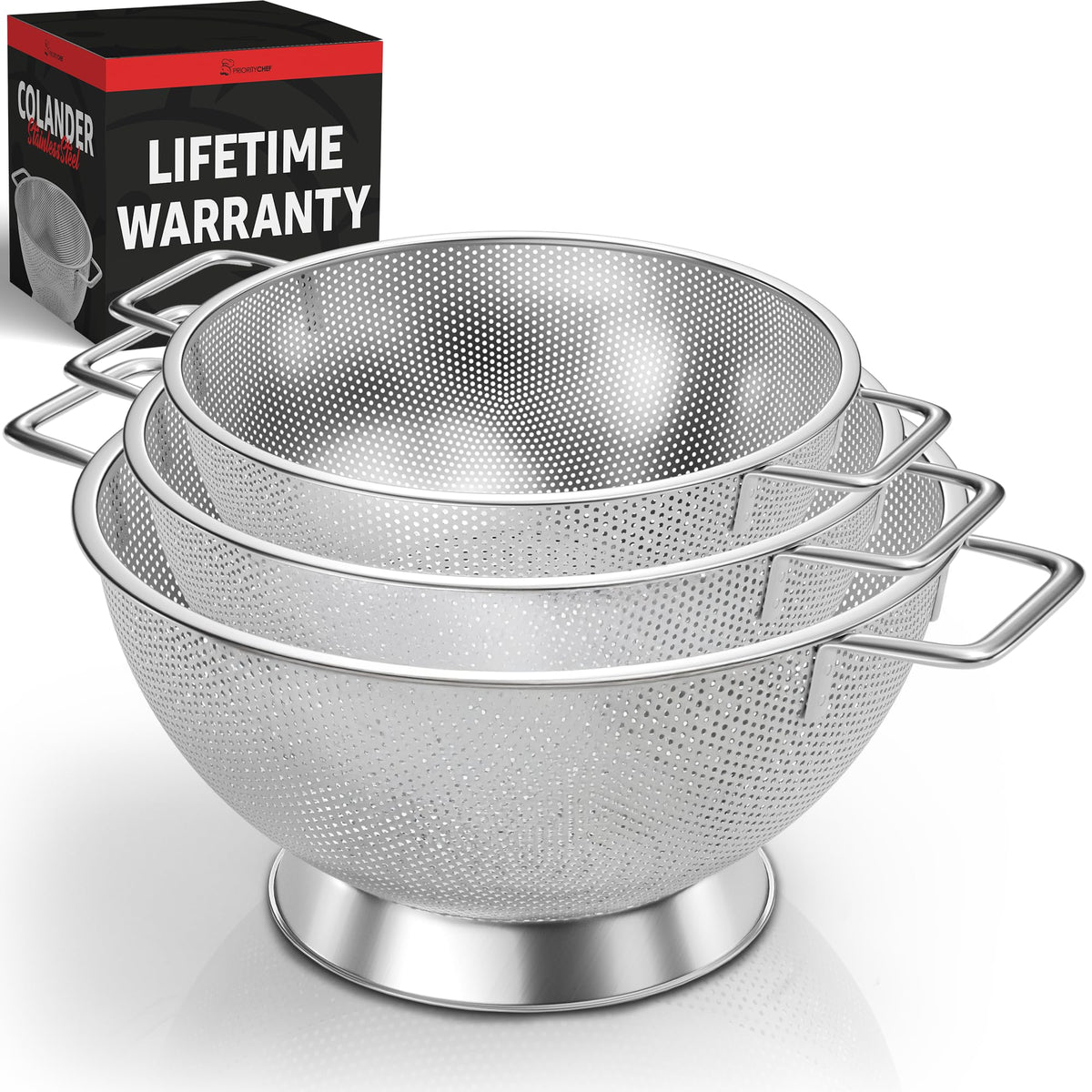 PriorityChef premium colander 3qt shows fast drain for pasta and vegetables