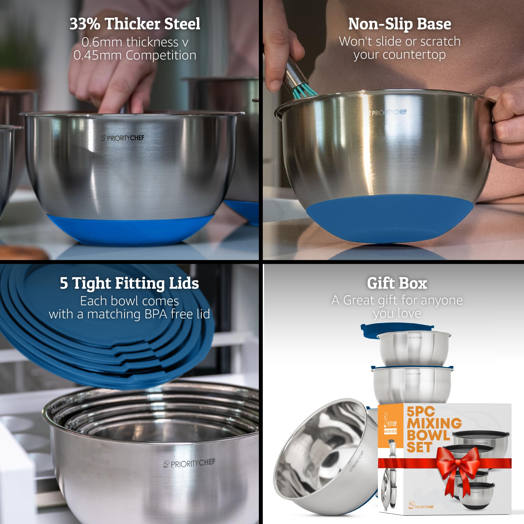 Priority Chef premium mixing bowls blue set with etched measurements for easy portioning.