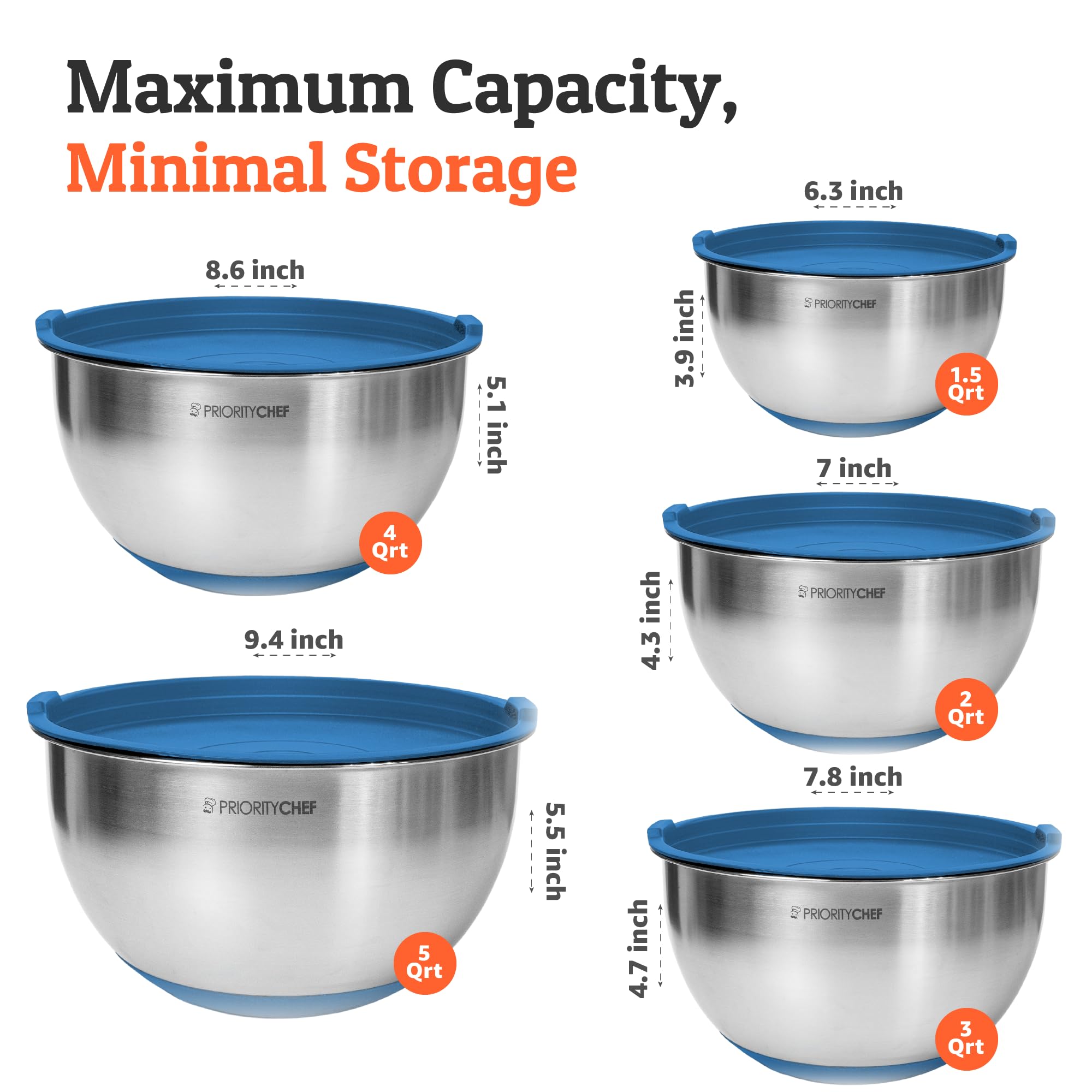 Priority Chef premium mixing bowls blue set 2 qt with tight lids for freshness.