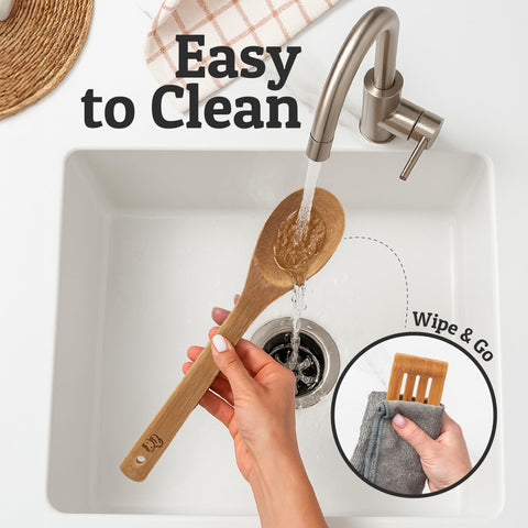 PriorityChef slotted wooden spoon supports draining and serving with style.