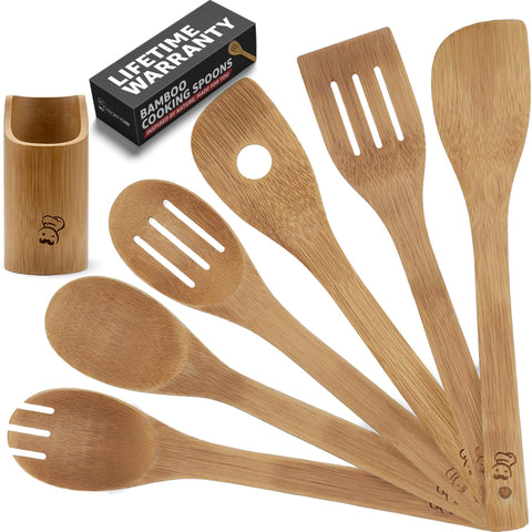 PriorityChef wooden spoons 6pc with holder designed for safe nonstick cooking.