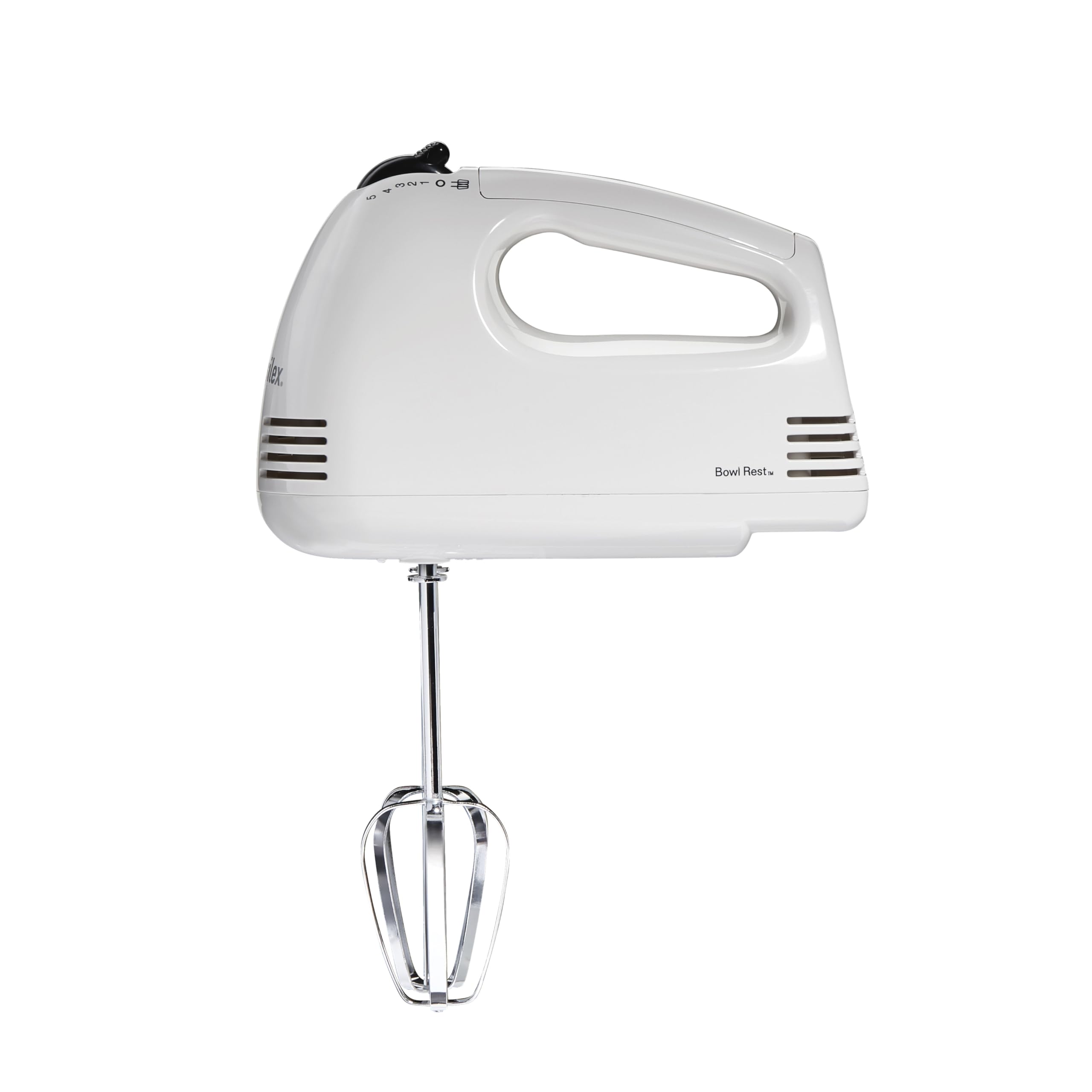 Proctor Silex Easy Mix hand mixer resting on bowl edge for convenient pauses