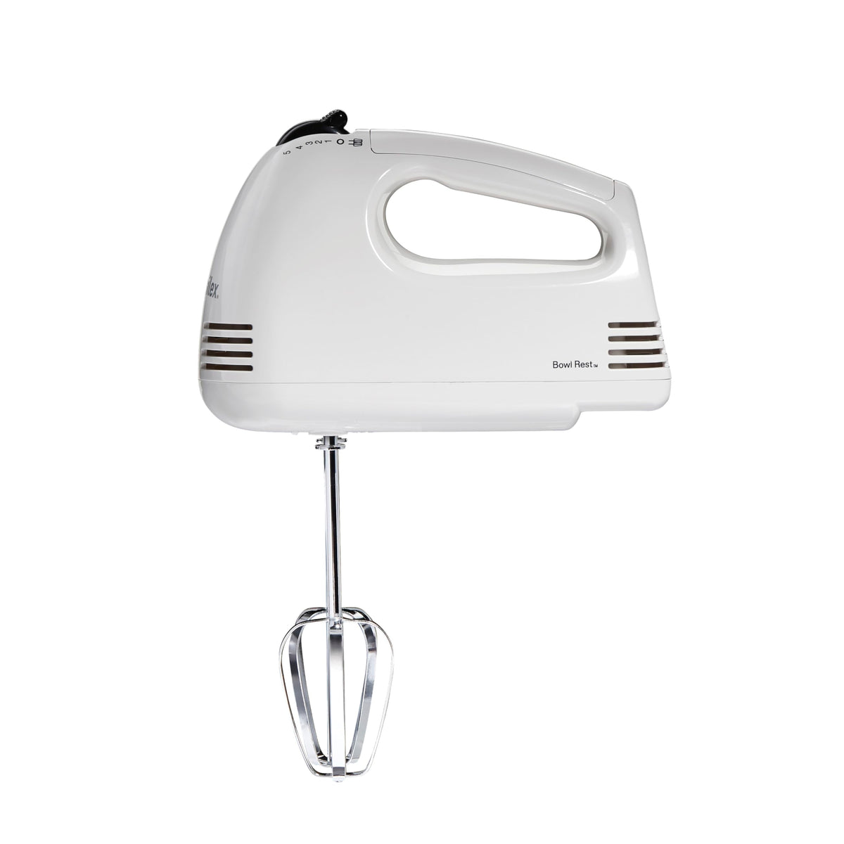 Proctor Silex Easy Mix hand mixer resting on bowl edge for convenient pauses