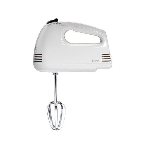 Proctor Silex Easy Mix hand mixer resting on bowl edge for convenient pauses