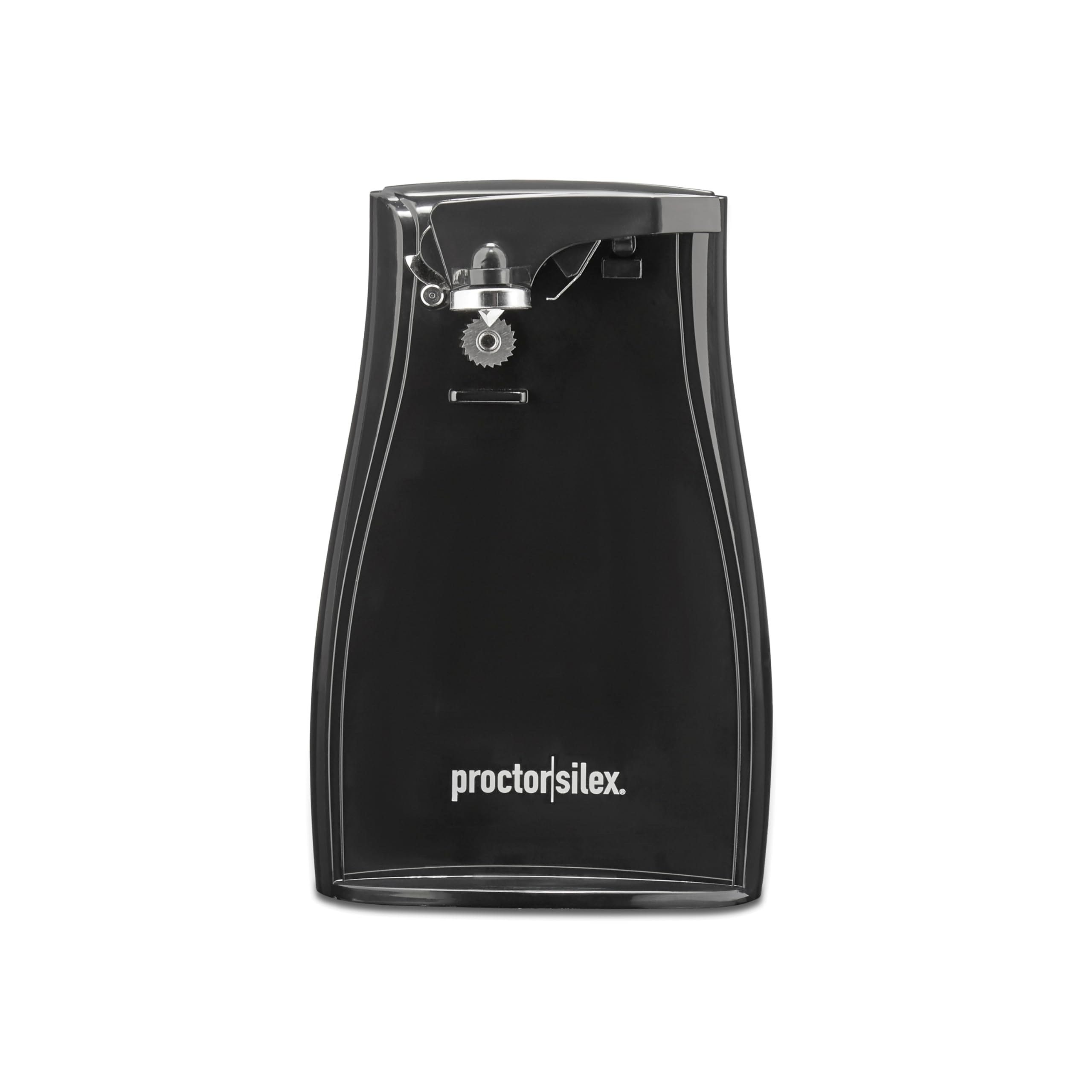 Proctor Silex Power electric can opener front view opens tall cans with ease.