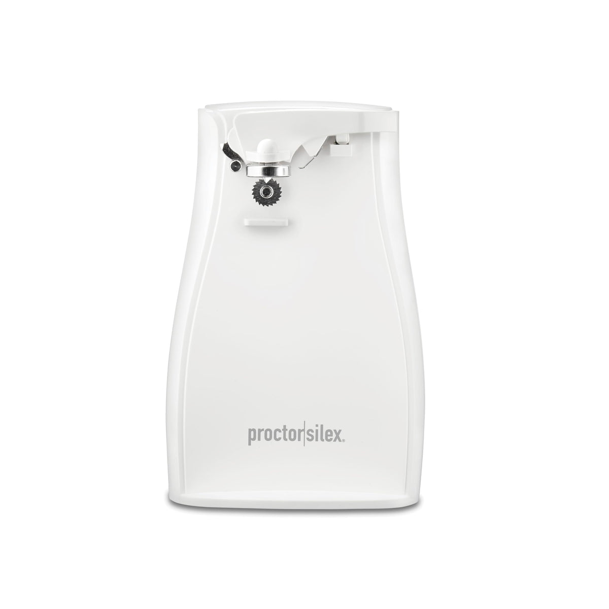 Proctor Silex power opener top view highlights slim white finish for easy countertop use.