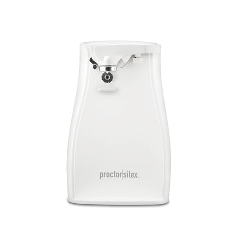Proctor Silex power opener top view highlights slim white finish for easy countertop use.
