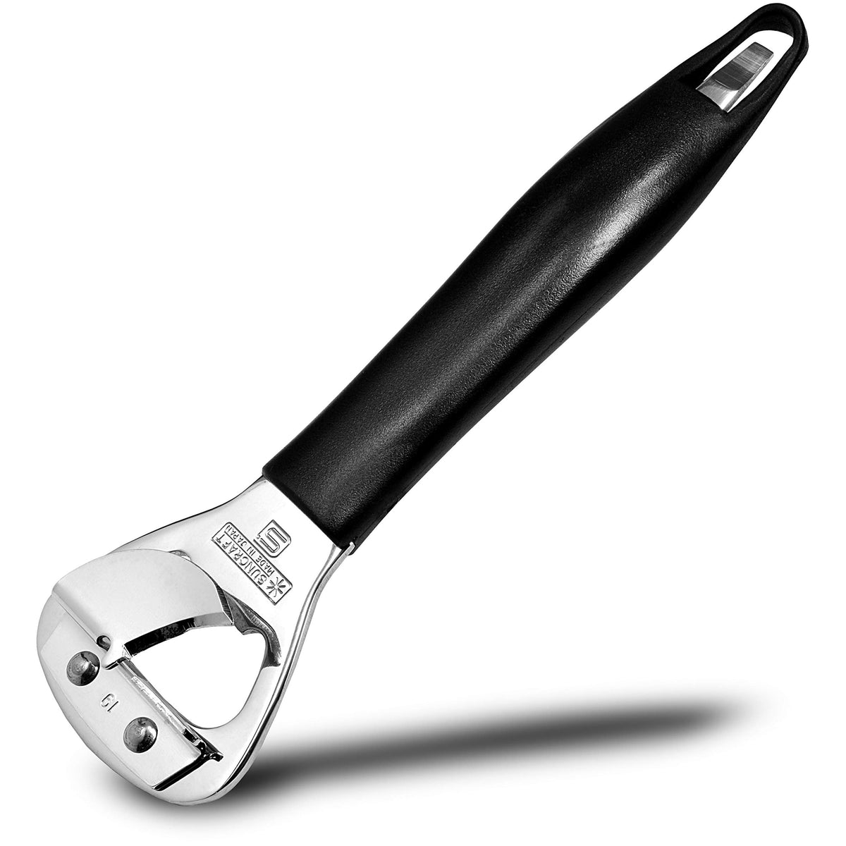 Product of Gifu Japan can opener with black handle closeup showing secure grip