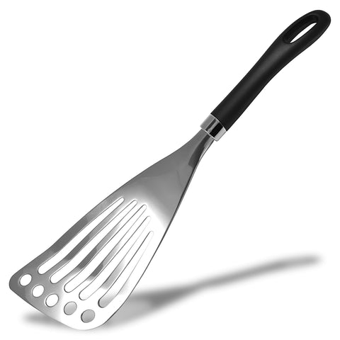 Seki Japan spatula front view highlights wide thin slotted head for delicate turning.