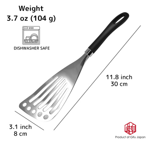Seki Japan spatula handle detail shows ergonomic grip for comfortable cooking.