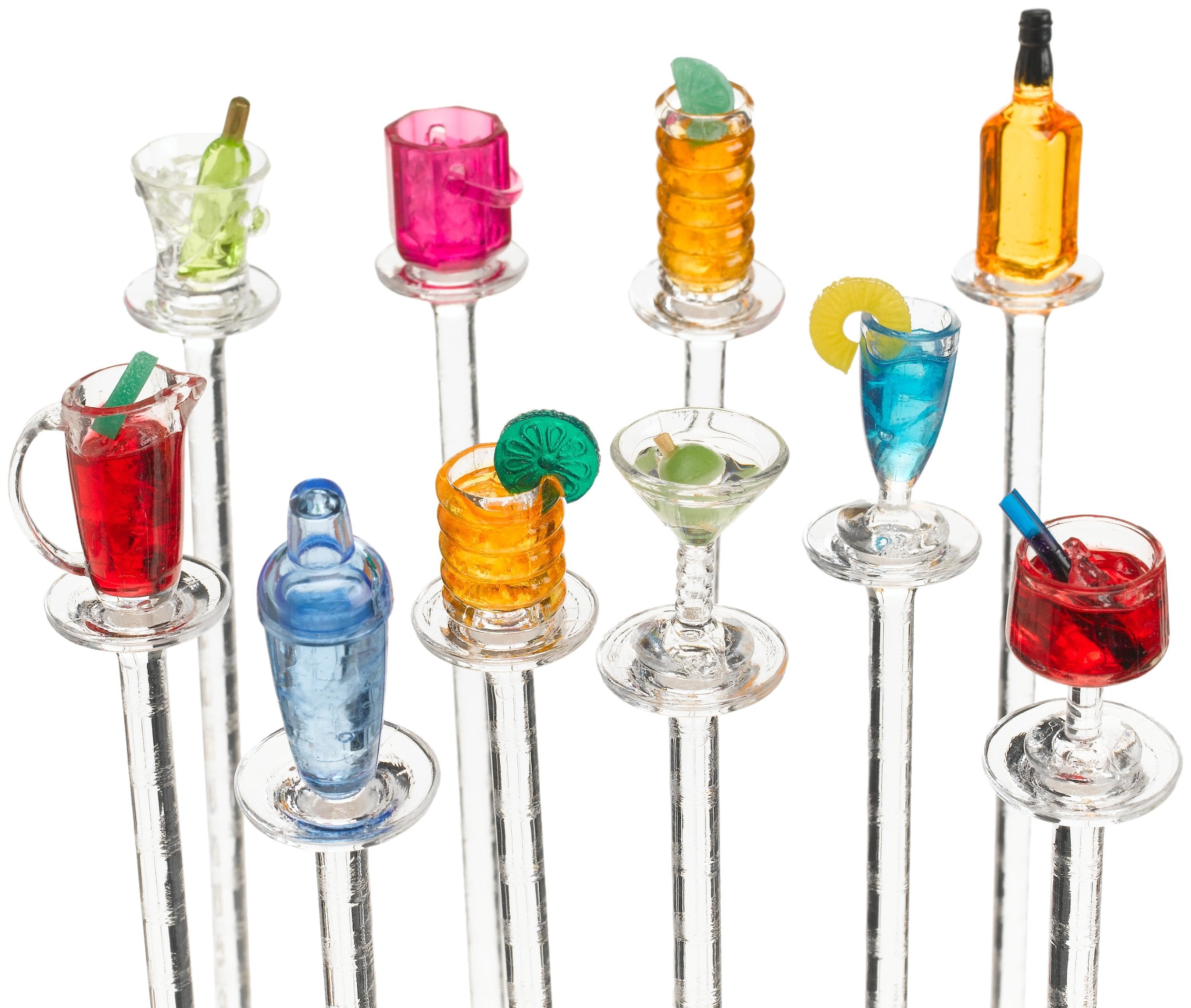 Prodyne Happy Hour Swizzle Sticks decorated close-up adds colorful charm to drinks.