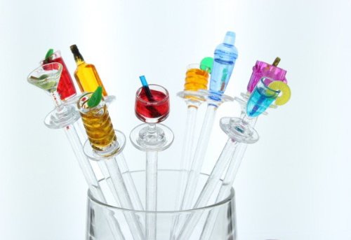 Prodyne Happy Hour Swizzle Sticks in cocktail glass showcase durable acrylic.