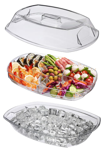 Prodyne Ice Party Platter with ice tray keeps foods cool for easy sampling.