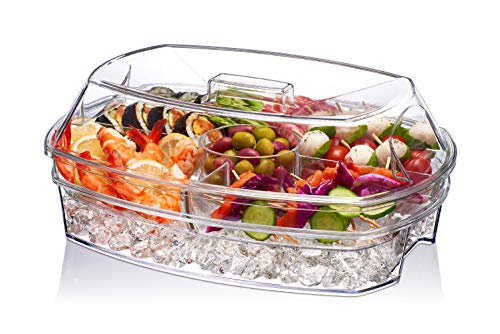 Prodyne Ice Party Platter side view highlighting the clear lid preserving freshness outdoors.
