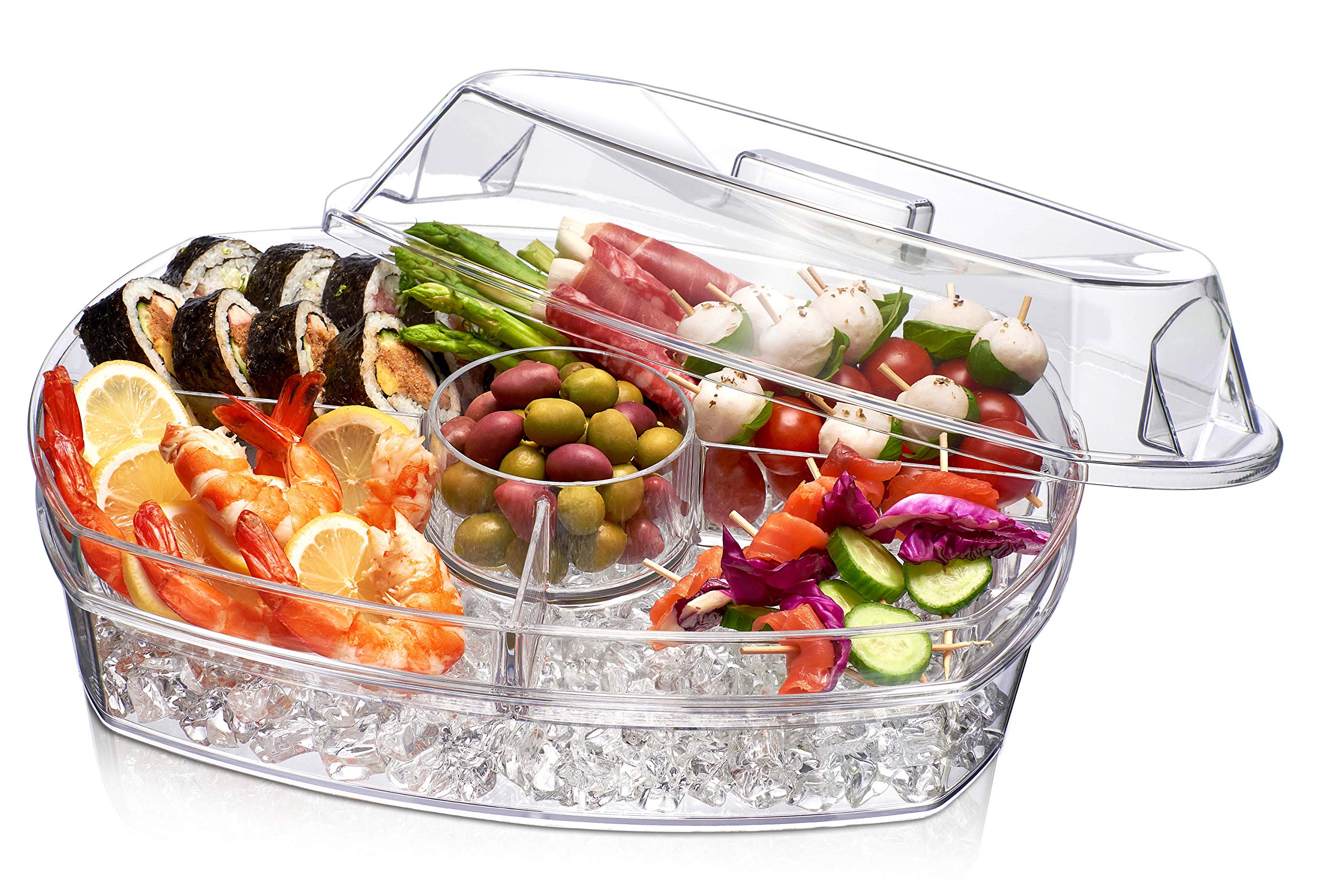 Prodyne Ice Party Platter top view keeps four compartments for chilled appetizers during gatherings.